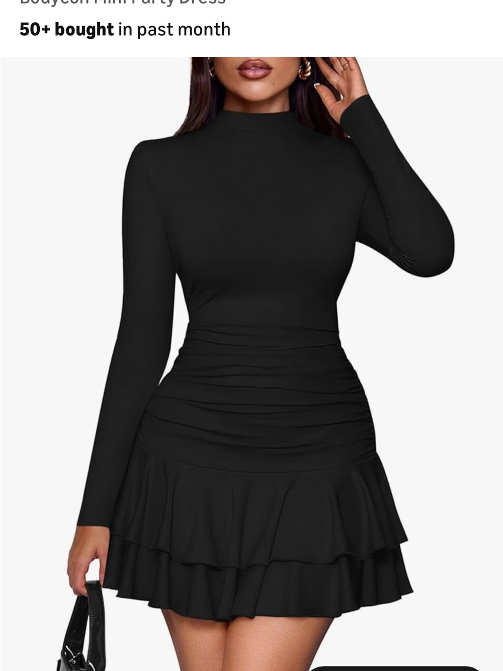 Black Long-Sleeve Ruched Tiered Mini Dress